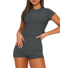 SAMPEEL 2 Piece Sets for Women Cap Sleeve Tshirts Basic Shorts Comfy Yoga Outfits Grey XL