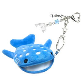 Kinretixia Kawaii Accessories, Blue Shark Plush Wallet with Dolphin Keyring, Cute Mini Purse with Keyring for Children and Adults