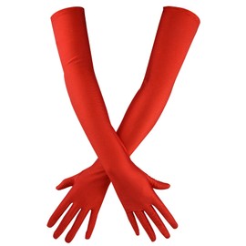 Wobe Long Opera Party 20s Satin Gloves Stretchy Adult Size Elbow Length Wedding (Red)