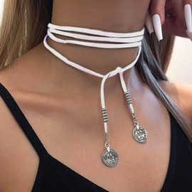 Aneneiceera Vintage Long Vagan Suede Necklace White Boho Leather Wrap Choker Necklace Leather Disc Coin Necklace Sweater Chain Jewelry for Women and Girls