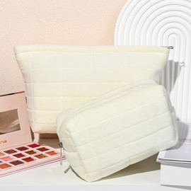 SOIDRAM 2 Pieces Puffer Makeup Bag Large Quilted Cosmetic Bag Capacity Canvas Travel Toiletry Bag Organizer Cute Makeup Brushes Aesthetic Accessories Storage Bag for Women