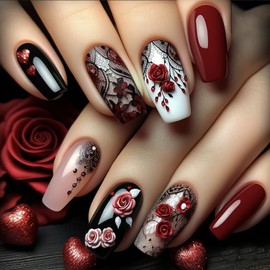 CJDLTS Press on Nails Medium Length Red Rose Flower False Nails Black Lace Pattern Design Full Cover Heart Press Nails Artificial Ballet Shaped Stick on Nails Glossy Acrylic Glue on Nails for Women