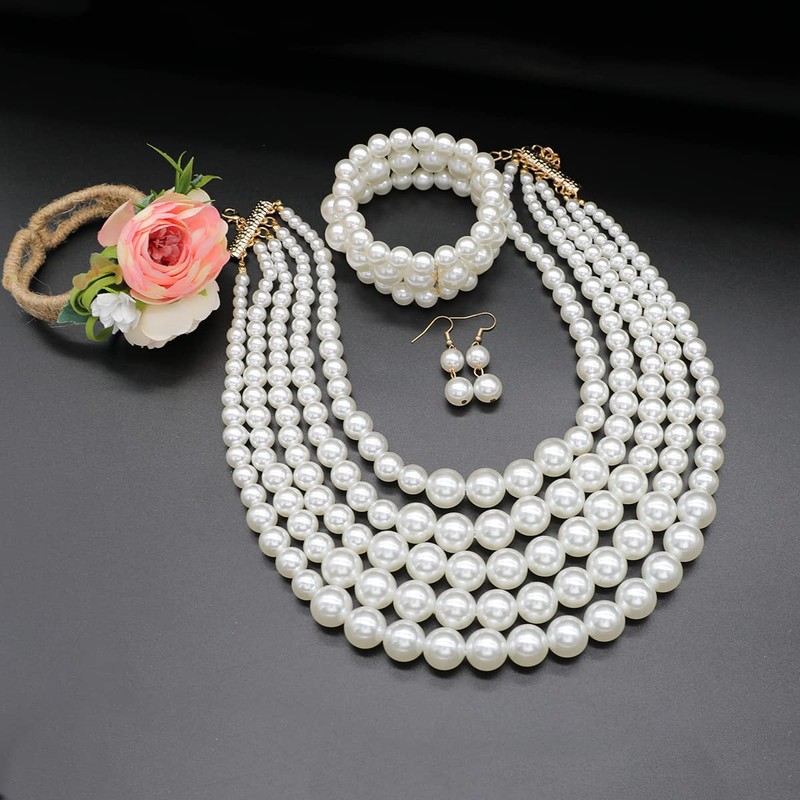 Juego de collar de perlas grandes de imitación para mujer,