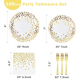 White and Gold Party Supplies,Disposable Party Dinnerware,Golden Dot Paper Plates,Napkins,Forks for Wedding,Birthday,Cocktail Party,Anniversaries,Engagements Serve 25