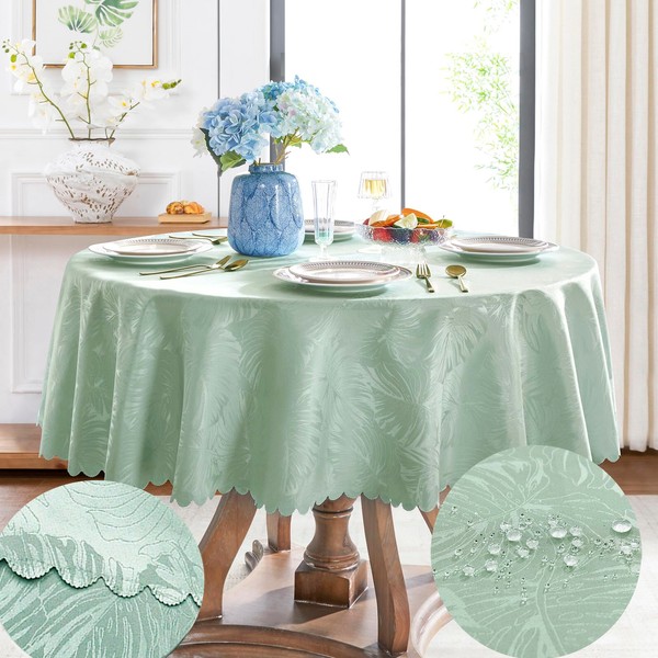 Jacquard Round Tablecloth 60 Inch Fabric Table cloth Green Leaves