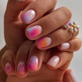 Spring Press on Nails Square Fake Nails Ombre Colorful Glue on Nails Short Nails Press ons White Acrylic Nails Glossy False Nails Summer Stick on Nails for Women 24Pcs