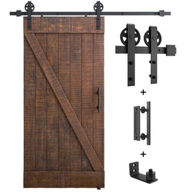 SMARTSTANDARD 6ft Heavy Duty Sliding Barn Door Hardware Kit, Black, (Whole Set Includes 1x Pull Handle Set & 1x Floor Guide) Fit 36" Wide Door Panel (Big Industrial Wheel Hangers)