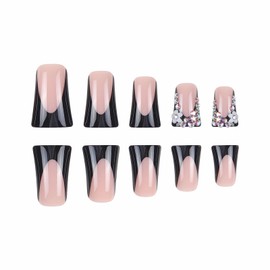 MISUD Duck Nails Press on Duck Shape Nails Medium Fake Nails Glossy Glue on Nails Black French Tip Acrylic Nail Supplies Artificial Nail Art Duckbill False Nails with Rhinestone Design DIY 24 pcs
