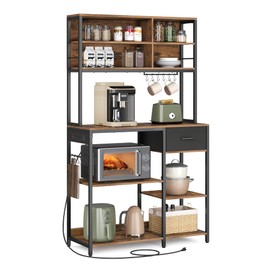 VASAGLE Bakers Rack with Charging Station, Coffee Bar Stand with Adjustable Storage Shelves, Fabric Drawer, 12 Hooks, Table for Microwave, Kitchen, Rustic Brown and Ink Black UKKS028K01