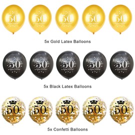 onehous 50th Birthday Balloons, Black Gold Birthday Balloons Latex Confetti Balloons for Men Women Happy 50th Birthday Party Decorations Supplies - 15 Pcs (Age 50) Reusable