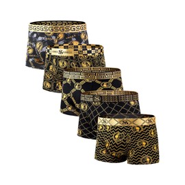 Fxzqce Men's Luxury Black Gold Underwear Boxer Briefs, Cotton Trunks Calzoncillos Underpants, Moisture Wicking Fashion 5-Pack