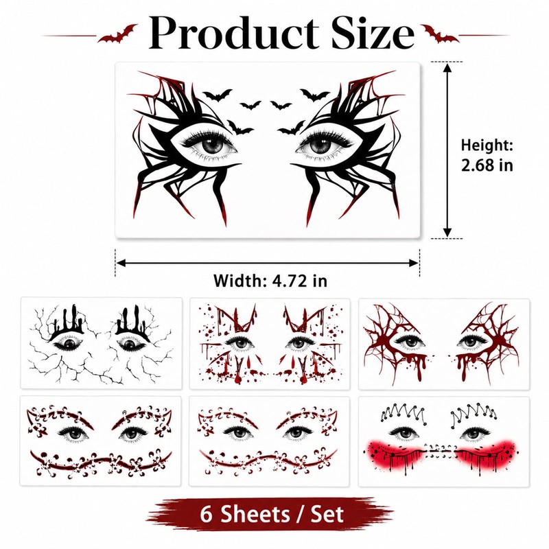Halloween Freckle Temporary Tattoo Stickers 6 Sheets Scary Bloody Drip
