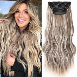Xtrend 16 Inch Wavy Hair Extensions Clip-in Synthetic Hair Pieces for Women Girls 4 Pieces Full Head Set Thick Curly Wavy