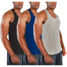 DEVOPS 3 Pack Men's Y-Back Dri Fit Muscle Gym Workout Tank Top (X-Large, Black/Navy/Gray)