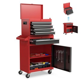 Osparple Rolling Tool Chest 5 Drawers Tool Box Garage Storage Cabinet Steel Frame 2 in 1 Tool Cart with Universal Lockable Wheels, Detachable Top and Adjustable Shelf for Garage, Red