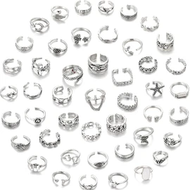 Acruccen 46 Pcs Toe Rings for Women Adjustable Vintage Bohemian Toe Ring Set Open Snake Flower Band Knuckle Tail Ring Silver Gold Plated Summer Beach Foot Jewelry, Metal, No Gemstone