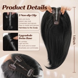 starluck 14 Inch Black Hair Toppers for Women Synthetic Hair Toppers Hair Pieces Swiss Base with 3 Clips in Wiglets Toppers for Women with Thinning Hair Grey Hair Hair Loss
