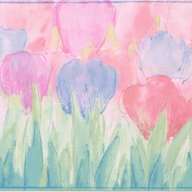 CONCORD WALLCOVERINGS ™ Prepasted Floral Style Wallpaper Border Featuring Watercolor Tulips Painting, Colors Pink Blue Green, Size 7 Inch by 15 Ft CT78172