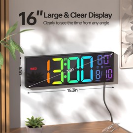 JALL 16.2" Large Digital Wall Clock with Seconds, Bluetooth Sync, Alarm Big LED, RGB Color, DST Temperature for Classroom Bedroom Garage Gym, Mount, Xmas, Birthday Gift for Aged Elderly Mother Father