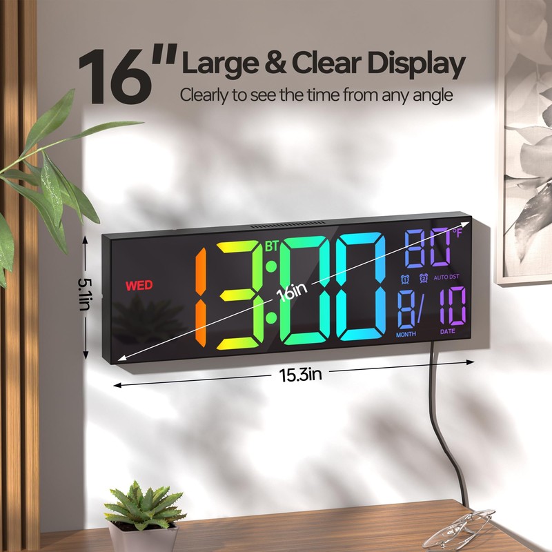 JALL 16.2" Large Digital Wall Clock with Seconds, Bluetooth Sync,