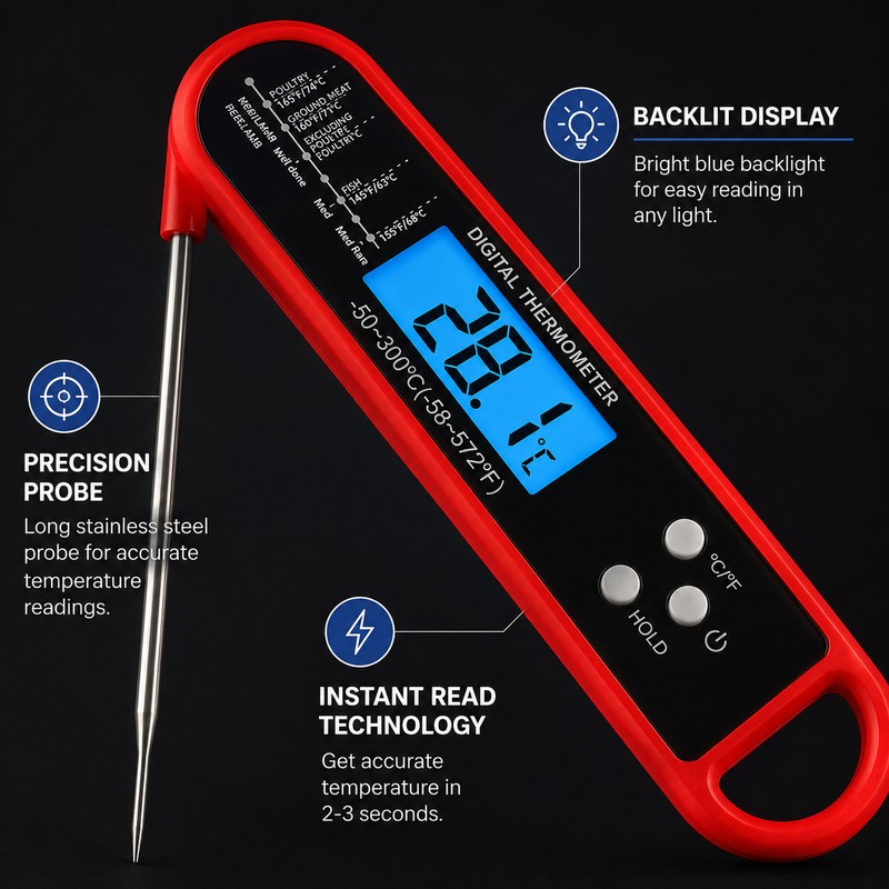 Digital Meat Thermometer for Cooking – Instant Read Waterproof Probe
