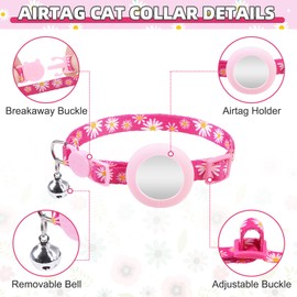 KOOLTAIL Breakaway Cat Collar with Air Tag Holder and Bells, Reflective Cute Kitten Collars, Adjustable Lightweight Safety Buckle Pet Collars for Kitty Boys Girls Cats Holiday, Flower Pink