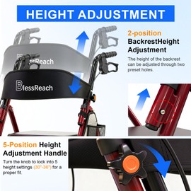 BlessReach Lightweight Foldable Rollator Walker with Seat for Seniors, Red