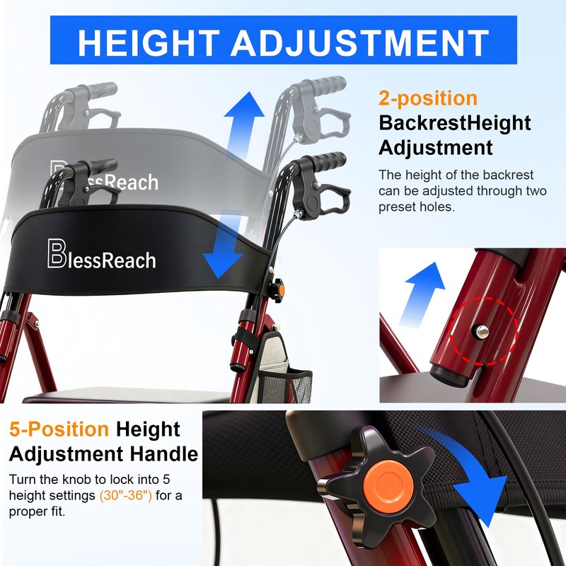 BlessReach Lightweight Foldable Rollator Walker with Seat for Seniors, Red