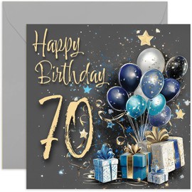 Special Male 70th Birthday Card for Men - Seventy Years Old - Blue and Gold Gifts and Balloons Artwork Seventieth Presents for Men - Stylish and Traditional Milestone Age Bday Cards