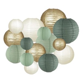 Pack of 15 Sage Green Paper Lanterns Set - Round Lanterns in Green, Cream & Gold Chinese Paper Lampshade for Wedding Birthday Garden Party Baby Shower Graduation Decoration