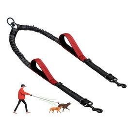 LEOSASA Double Dog Leash - No Tangle Splitter for Two Dogs, Coupler with Adjustable Long Lead Rope, Dual Control Handles, Retractable No Pull Bungee, Walk Train Small Medium Large 2 Pets (Red)