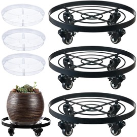 3 Packs Large Metal Plant Caddy 12.6" Plant Dolly with Wheels Heavy-duty Rolling Wheeled Plant Stand with Casters for Indoor Outdoor Plant Dolly Mover Rollers Coasters Black, Strong Load Capacity