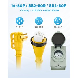 Kohree 50 Amp Generator Cord and Power Inlet Box Kit, 10FT NEMA 14-50P to SS2-50R Generator Extension Cord, 50Amp Pre-drilled Generator Inlet Box with Cable Waterproof Combo Kit, 125/250V, ETL Listed