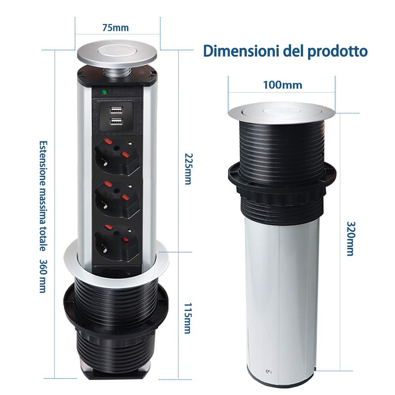 EXTRASTAR Retractable Desk Socket with 2 USB 3 Italian Sockets