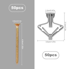 Plasterboard Fixings,Pack of 50 Butterfly Expansion Plugs and Screws - Drywall Cavity Wall Anchors