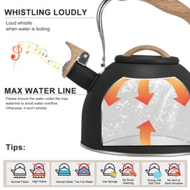 Tea Kettle, Vegoran 100 OZ / 3 Liter Whistling Tea Kettle, Tea Pots for Stove Top Food Grade Stainless Steel with Wood Pattern Folding Handle, Loud Whistle Kettle for Tea, Coffee, Milk (Black)