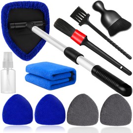 Qydipclin 10pcs Windshield Cleaning Tool Inside Car Window Cleaner Wash Kit with 4 Reusable Microfiber Pads 1 Spray Bottle and Extendable Handle Interior Auto Glass Wiper Kit, Blue&Gray