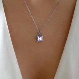 Inilbran Boho Amethyst Crystal Choker Necklace Silver Amethyst Square Necklace Choker Vintage Crystal Gemstone Pendant Necklace Geometric Square Amethyst Necklace Chain Jewellery, Zinc