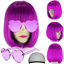 Pelucas Sintéticas para Mujer, Peluca Corta de Bob con flequillo, gafas corazón y redecilla, Pelucas coloridas para cosplay y fiestas, Halloween y carnaval, natural como cabello real (Morado)