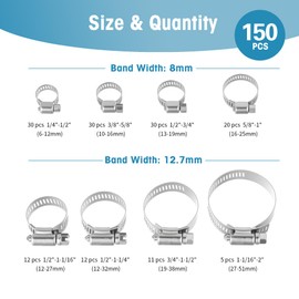 FARRAY 150 PCS Hose Clamps Assortment Kit, Adjustable 1/4"- 2"(6-51mm) Worm Gear Hose Clamps, 304 Stainless Steel Hose Clamps for Plumbing, Automotive and Mechanical Applications