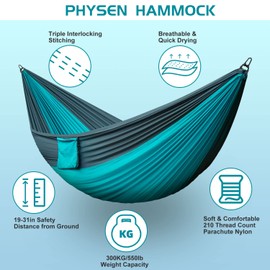 Camping Hammock - Single&Double Lightweigtht Nylon Hammocks with Tree Straps, 300x200cm Portable Hammock Swing for Outdoors, Backpacking, Travel, Beach, Garden, Breathable & Quick Drying Parachute