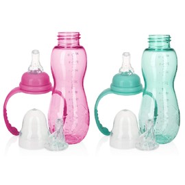 Nuby New 3 Stage Ultra Durable Tritan Grow with Me No-Spill Bottle to Cup, 10oz, 2 Count, Pink/Teal