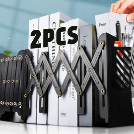 2PCS Heavy Duty Book Ends to Hold Books with Pen Holder, Adjustable Bookends, Metal Book Ends for Shelves, Black Book Holders Binder Organizer for Bookshelf Desk