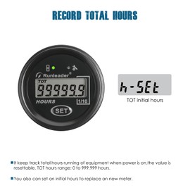 Runleader LCD Digital Hour Meter,Applicable Voltage AC 85V to 250V/DC 60V to 150V,Resettable TOT Hours,Maintenance Reminder,Waterproof Design for Golf cart Boat Generator Tractor Forklift etc.