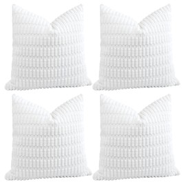 Sungeek Set of 4 Soft Corduroy Decorative Cushion Covers 45x45cm Square Striped Throw Pillow Covers 18x18 Inch for Sofa Couch Living Room Patio Farmhouse Boho Home Decor Pillowcases (White)