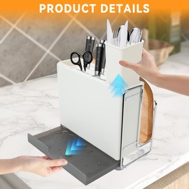 HMIEPRS Knife Holder, Knife Block Multifunctional Large Capacity with Cutting Board Organizer, Kitchen Knife Block Utensil Stand Storage for Countertop Kitchen (White)