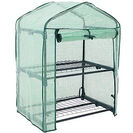 Sunnydaze 2-Tier Mini Greenhouse for Outdoors - Mini Portable Greenhouse with Roll-Up Zippered Door - Iron Tube Frame with 2 Steel Wire Shelves and PE Cover - Covered Plant Shelter - Green
