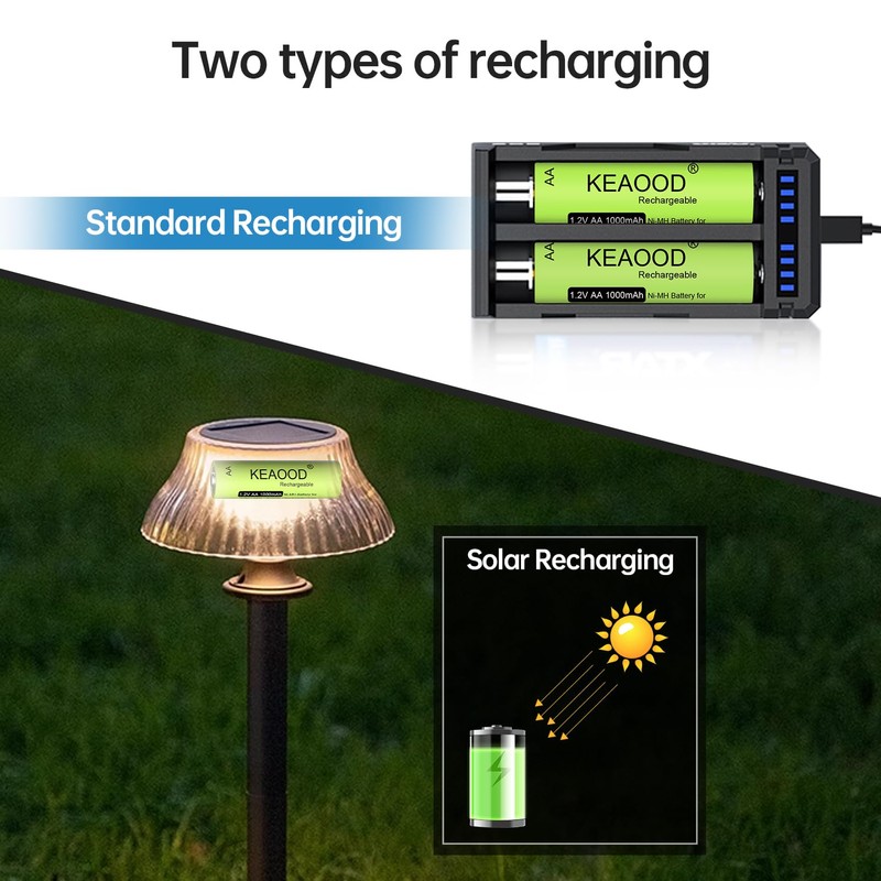 KEAOOD Ni-MH Rechargeable AA Solar Batteries 1.2v Pre-Charged 1000mAh Double