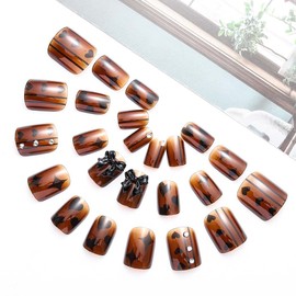 Aceorna Short Square Press on Nails Glossy Brown Fake Nails Rhinestone False Nail Heart Bowknot Full Cover Acrylic Nail Artificial Nails Tips for Women and Girls 24PCS