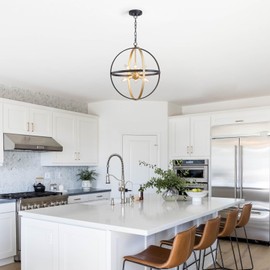 XINGQI Farmhouse Globe Chandelier Black and Gold Pendant Lighting, 6-Light Industrial Hanging Light with Metal Spherical Shade for Dining Room,Kitchen Island,Living Room,Hallway,Entryway